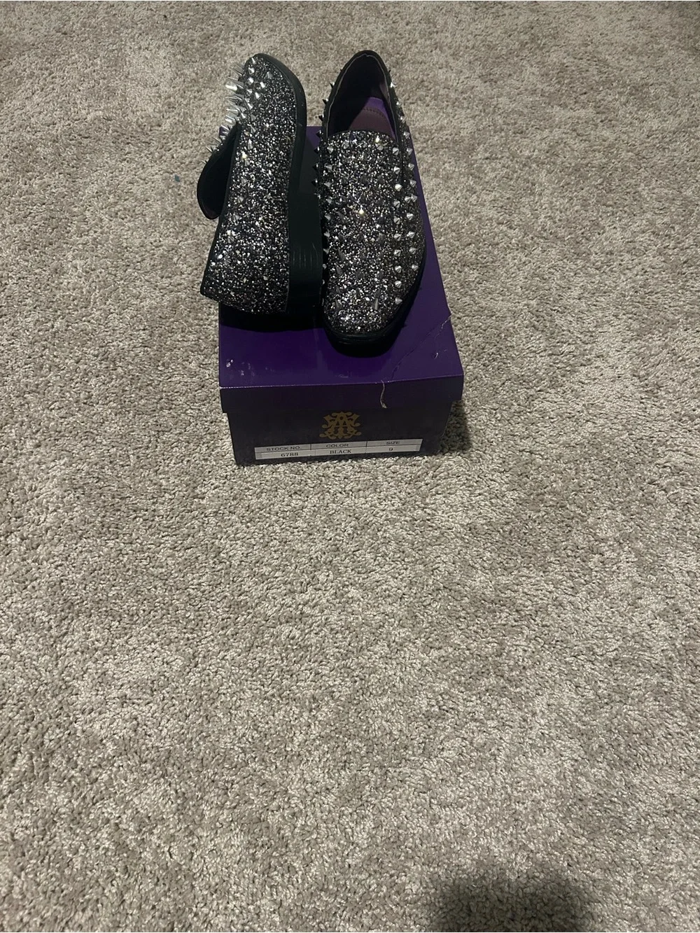 Black Glitter Spike Slip-On Women's Loafers